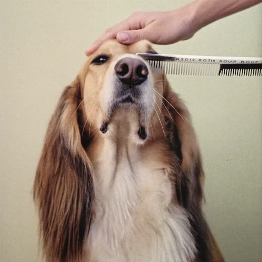 A dog having the fur around its face tidied with a comb